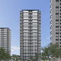Modern High Rise Residential Building With Glass Windows Floor Lights And Trees