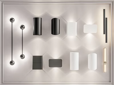 Modern Wall Lamps With Various Designs In Black And White On Textured Panel 3d model