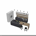 Modern Kitchen Cabinets With Island Counter Black Countertop And Cooking Appliances