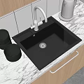 Black Kitchen Sink with Modern Faucet on Marble Countertop and Wooden Cabinets