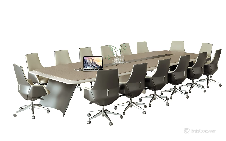 Modern Conference Table With Wheeled Office Chairs Tablet Video Conference And Green Plants Vase 3d model 
