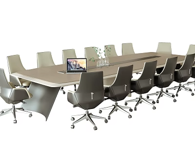 Modern Conference Table With Wheeled Office Chairs Tablet Video Conference And Green Plants Vase 3d model