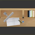 Wooden Home Office Desk With Bookshelf Calendar Open Notebook Pens And Drawer
