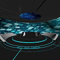 Modern Futuristic Exhibition Hall With Curved Ceiling Blue Lighting Display Screens And Circular Platform