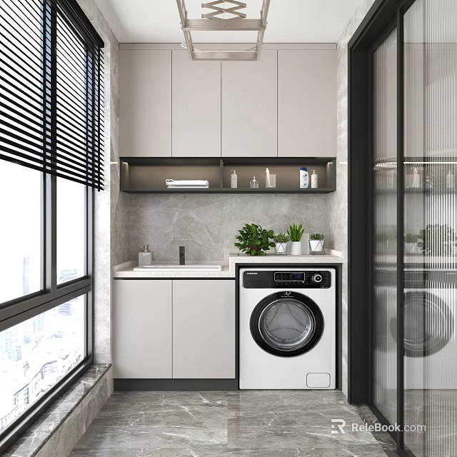 Modern Home Balcony Design With White Cabinets Marble Countertop Washing Machine And Small Potted Plants 3d model 