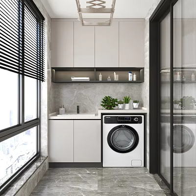 Modern Home Balcony Design With White Cabinets Marble Countertop Washing Machine And Small Potted Plants 3d model