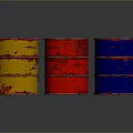 Three Colored Oil Drums Yellow Red Blue Rusty Metal Containers On Gray Background