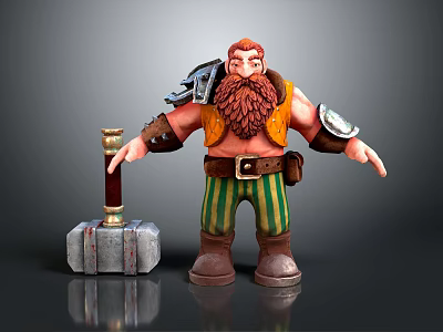 Dwarf Character Standing With Red Beard Yellow Vest And Large Hammer 3d model