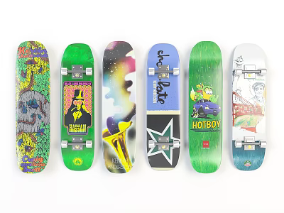 Colorful Skateboards With Various Designs Graffiti Cartoon Characters And Space Graphics 3d model