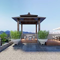 Outdoor Patio With Wooden Pergola Vines Purple Flowers Bench Gazebo Tables Chairs And Mountain View
