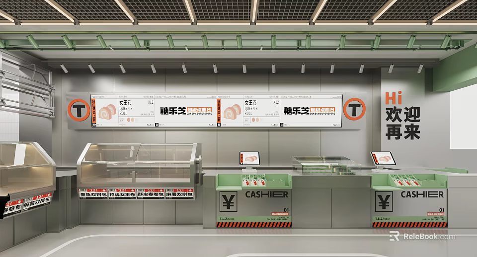 Modern Dessert Shop Interior With Display Cases And Cashier Counters 3d model 