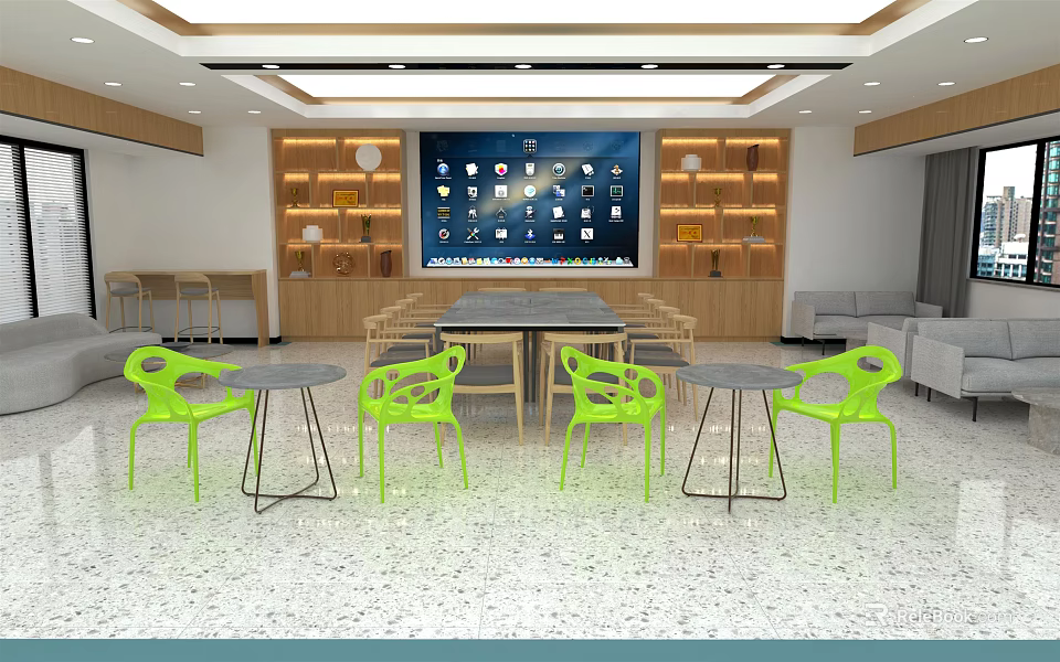 Modern Front Desk Reception Area With Green Chairs Round Tables And Large Screen 3d model 