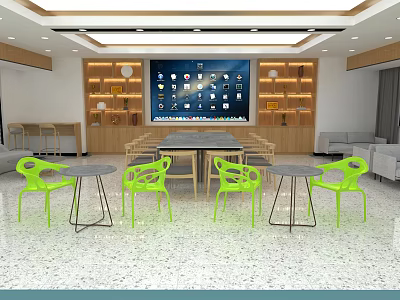 Modern Front Desk Reception Area With Green Chairs Round Tables And Large Screen 3d model