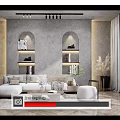 Modern Living Room Interior With Arched Niches Shelves L Shaped Sofa And Wooden Coffee Table