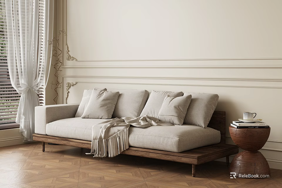 Light Gray Two-seater Sofa with Wooden Base and Plush Cushions in Decorative Wall Herringbone Floor 3d model 