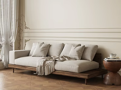 Light Gray Two-seater Sofa with Wooden Base and Plush Cushions in Decorative Wall Herringbone Floor 3d model