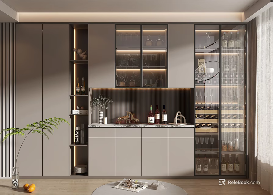 Elegant Modern Wine Cabinet with Glass Doors and Wine Bottles 3d model 