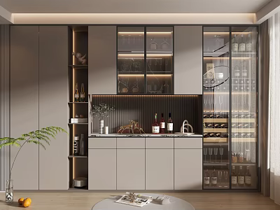 Elegant Modern Wine Cabinet with Glass Doors and Wine Bottles 3d model