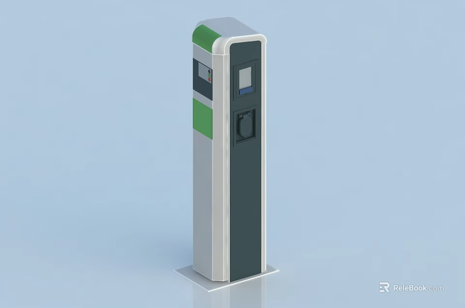 Electric Vehicle Charging Station With Column Design Gray White Green Display Screen And Charging Port 3d model 