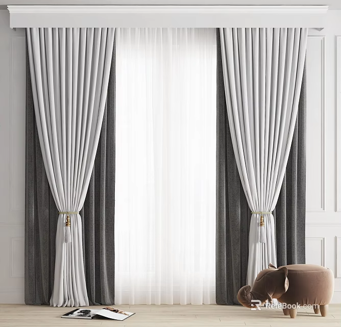Elegant White And Gray Draped Curtains With Sheer Panels By Bright Window Interior 3d model