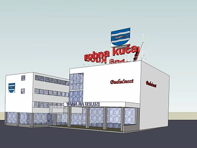 Modern Office Building With White Exterior Windows And Café Area Signage 3d model