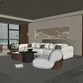 Modern Living Room With White Sofa Pillows Large Windows Green Landscape And Wooden Accents