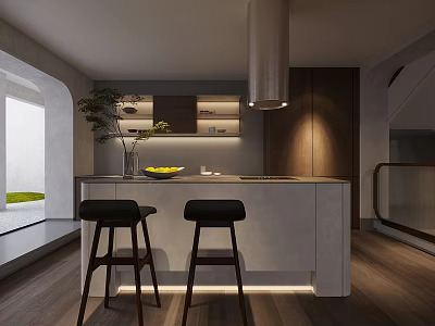 Modern Bar Counter Interior Design With Black Stools Sleek Countertop And Indoor Plant 3d model