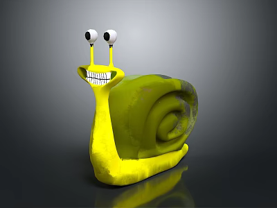 Yellow Snail With Big Eyes And Green Spiral Shell On Gray Background 3d model