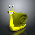 Yellow Snail With Big Eyes And Green Spiral Shell On Gray Background