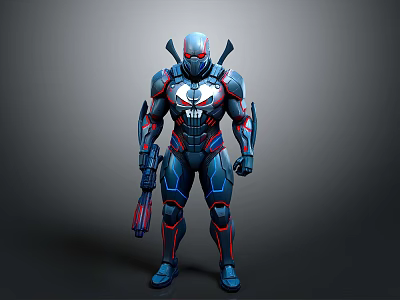 Futuristic Cybernetic Armor Character With Blue Red Glowing Lines Spider Skull Chest Emblem And Weapon 3d model