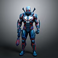 Futuristic Cybernetic Armor Character With Blue Red Glowing Lines Spider Skull Chest Emblem And Weapon