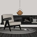 Comfortable Leisure Chair With Gray Armrest Dark Legs By Fireplace And Pendant Light On Rug