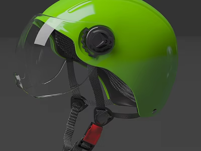 Bright Green Safety Helmet With Clear Visor Black Knob And Red Buckle 3d model