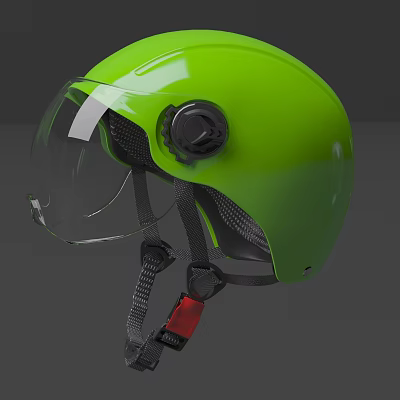 Bright Green Safety Helmet With Clear Visor Black Knob And Red Buckle 3d model