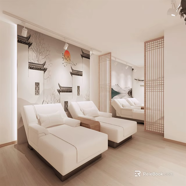Elegant SPA Sauna Interior With White Recliners And Decorative Wall Art 3d model 