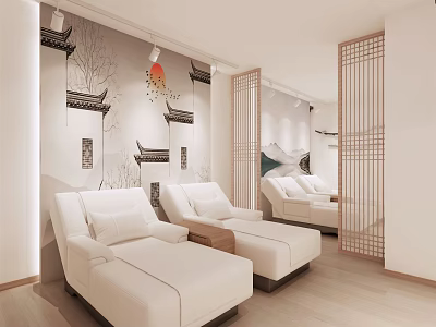 Elegant SPA Sauna Interior With White Recliners And Decorative Wall Art 3d model