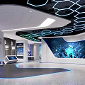Futuristic Exhibition Hall Interior With Hexagonal Ceiling Large Curved Screens And Curved Reception Desk
