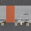 Modern Cafe Interior With MT CoffeeTea Sign Orange Grid Wall And Wooden Benches