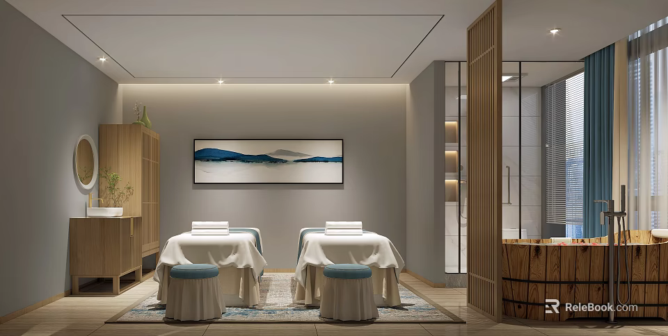 SPA Sauna Interior Design With Two Massage Tables White Sheets Blue Stools And Landscape Painting 3d model 