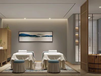 SPA Sauna Interior Design With Two Massage Tables White Sheets Blue Stools And Landscape Painting 3d model