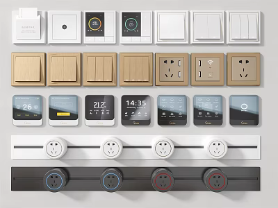 Sleek Modern Switch Panels In Various Colors With Digital Display And Socket Outlets 3d model