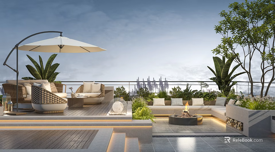 Outdoor Rooftop Garden With Sofa Coffee Table Umbrella Fire Pit And City Plants 3d model 