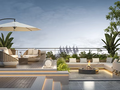 Outdoor Rooftop Garden With Sofa Coffee Table Umbrella Fire Pit And City Plants 3d model