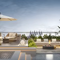 Outdoor Rooftop Garden With Sofa Coffee Table Umbrella Fire Pit And City Plants