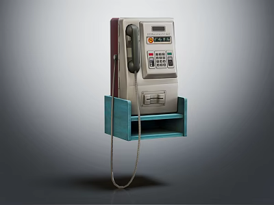 Vintage Coin Operated Telephone With Metal Body Keypad Display Screen Wall Mounted Blue Stand 3d model