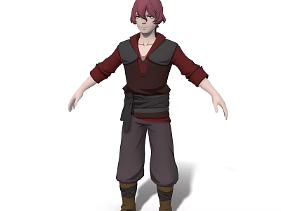 Game Anime Character With Red Hair Dark Vest Red Sleeves Dark Pants And Brown Boots 3d model