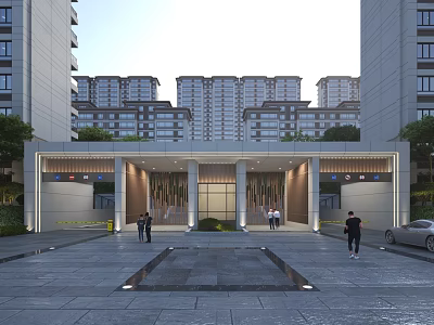 Modern Entrance Gate of High Rise Residential Building with Glass Doors Plaza and Pedestrians Walking 3d model