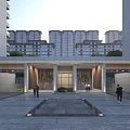 Modern Entrance Gate of High Rise Residential Building with Glass Doors Plaza and Pedestrians Walking