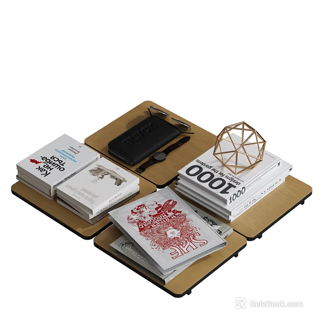 Decorative Ornament Set With Wooden Tray Stacked Books Geometric Ornament And Glasses 3d model 