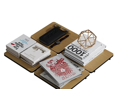 Decorative Ornament Set With Wooden Tray Stacked Books Geometric Ornament And Glasses 3d model